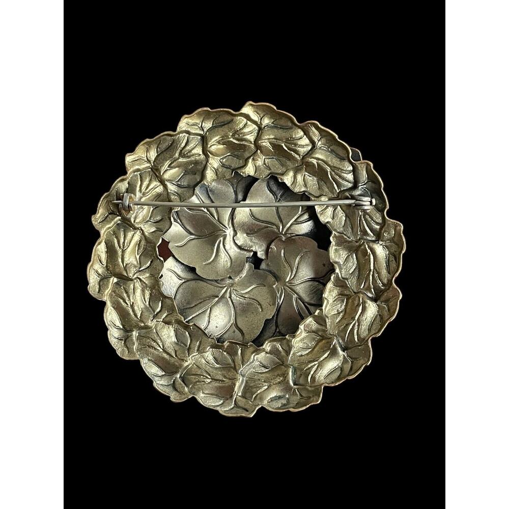 Antique Art Nouveau High Relief Stacked Floral Flower Brooch Pin Brass - Picture 3 of 4